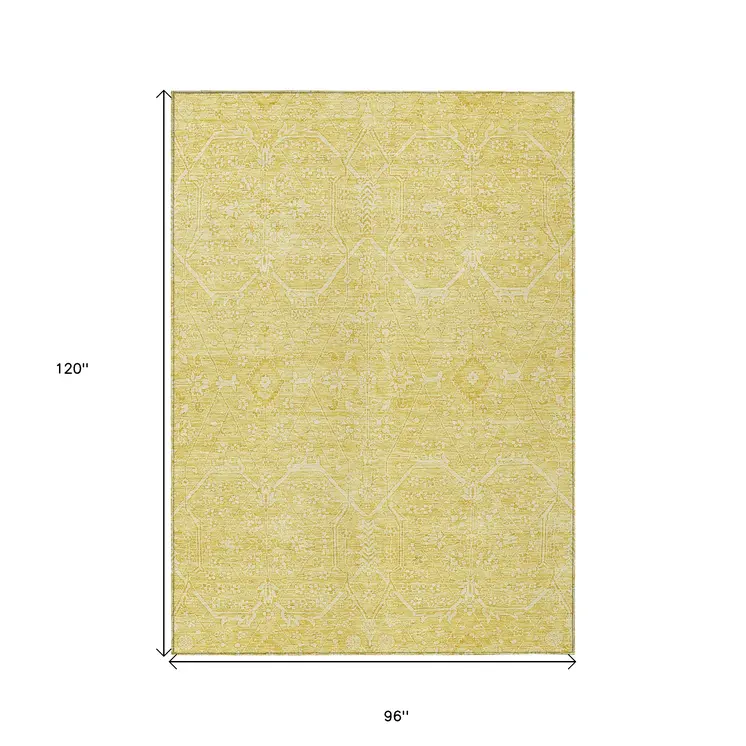 8' X 10' Gold Floral Washable Indoor Outdoor Area Rug