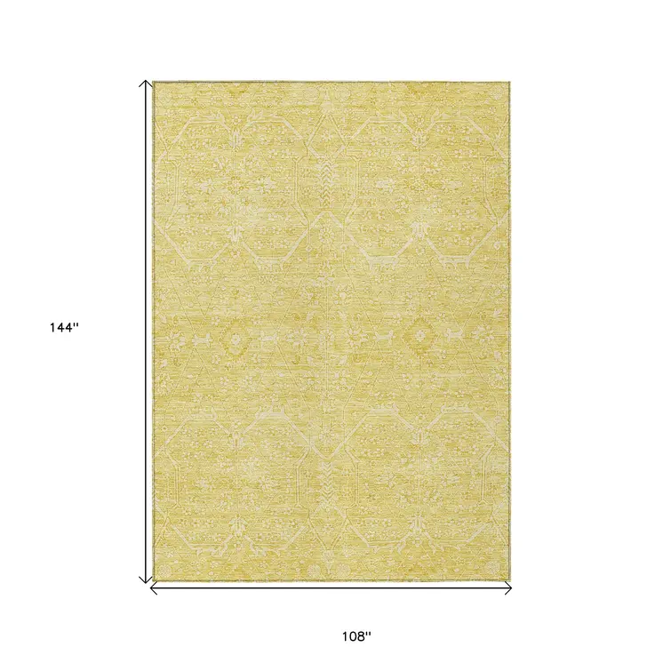 9' X 12' Gold Floral Washable Indoor Outdoor Area Rug