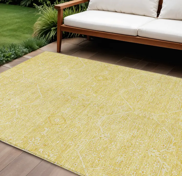 9' X 12' Gold Floral Washable Indoor Outdoor Area Rug