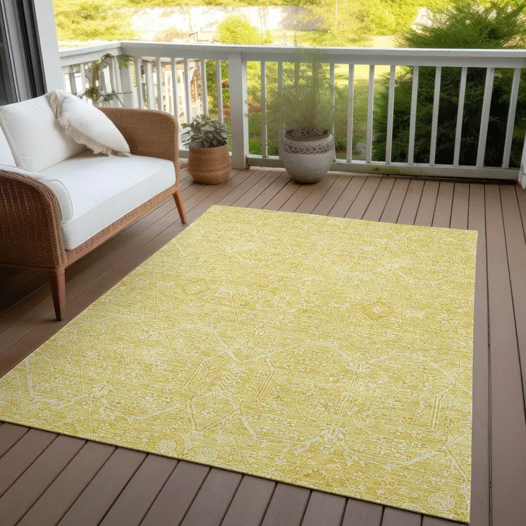 9' X 12' Gold Floral Washable Indoor Outdoor Area Rug