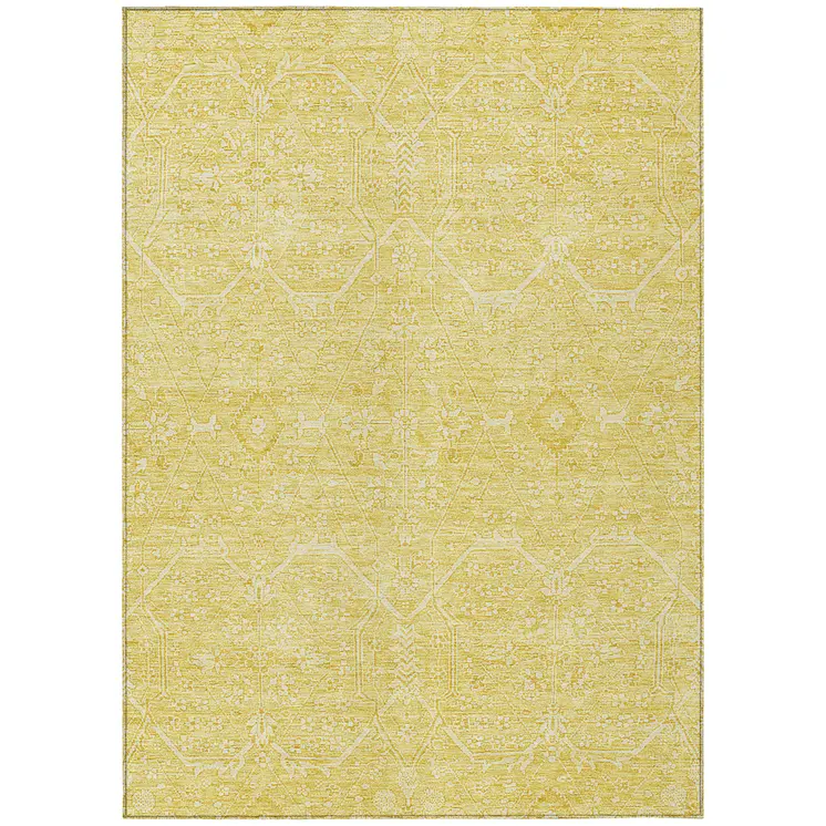 9' X 12' Gold Floral Washable Indoor Outdoor Area Rug