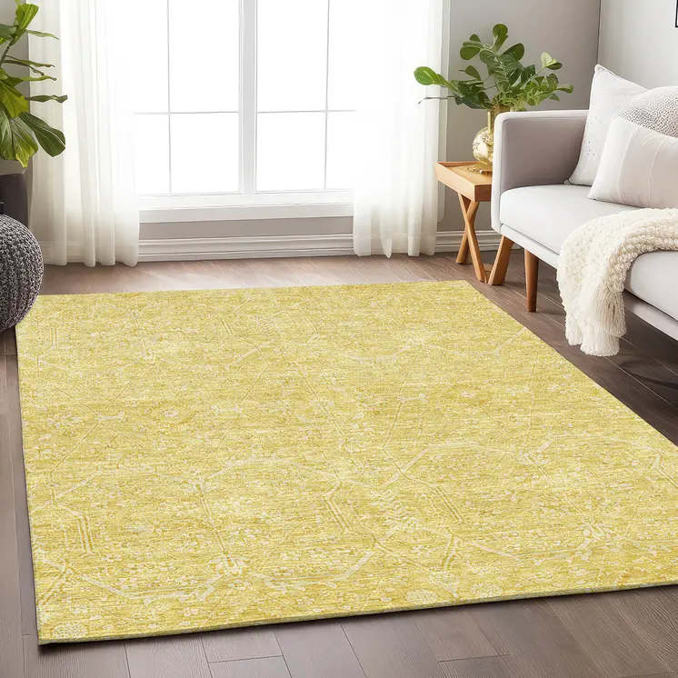 9' X 12' Gold Floral Washable Indoor Outdoor Area Rug