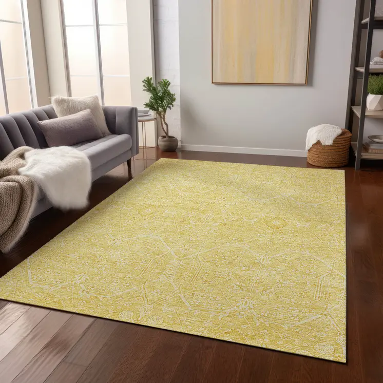 9' X 12' Gold Floral Washable Indoor Outdoor Area Rug