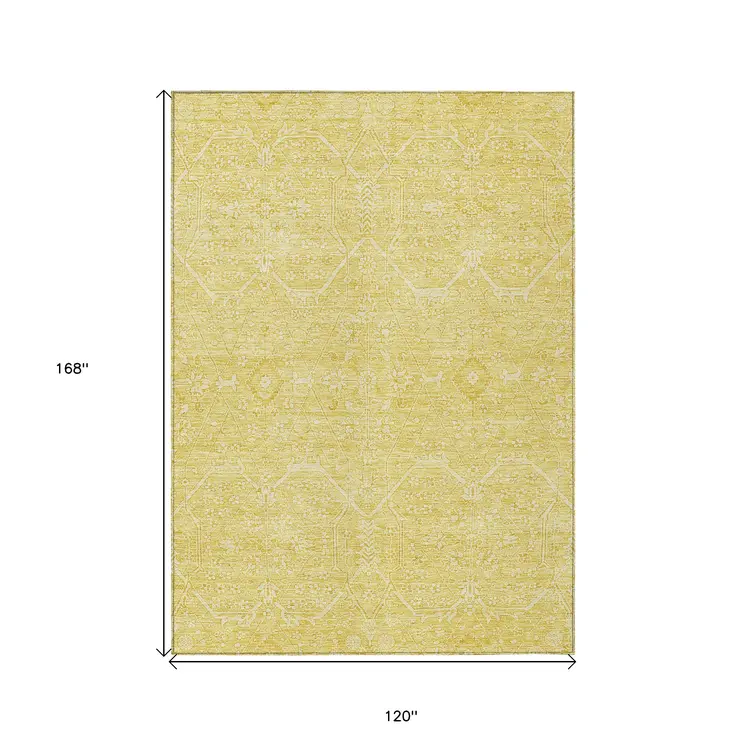 10' X 14' Gold Floral Washable Indoor Outdoor Area Rug