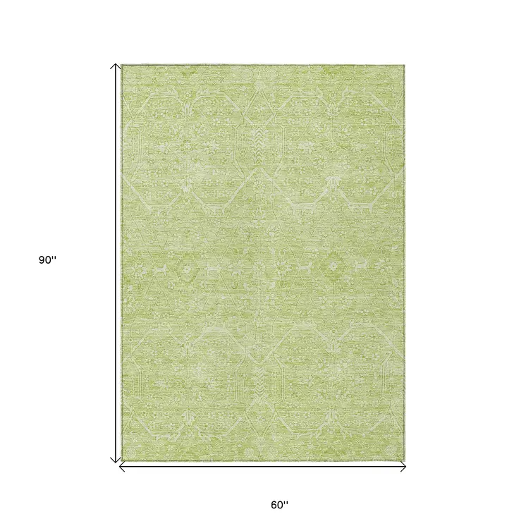 5' X 8' Mint Green Floral Washable Indoor Outdoor Area Rug
