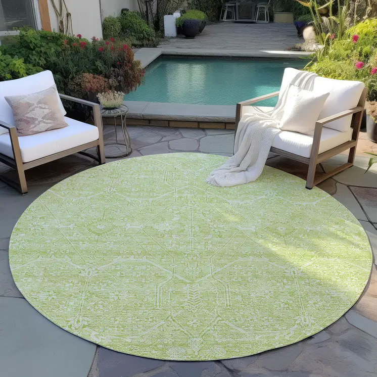 8' Mint Green Round Floral Washable Indoor Outdoor Area Rug