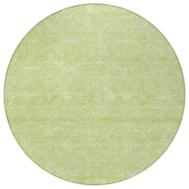 8' Mint Green Round Floral Washable Indoor Outdoor Area Rug