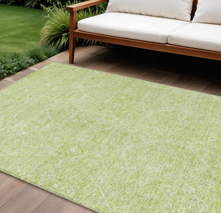 9' X 12' Mint Green Floral Washable Indoor Outdoor Area Rug