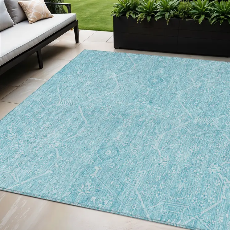 5' X 8' Sky Blue Floral Washable Indoor Outdoor Area Rug