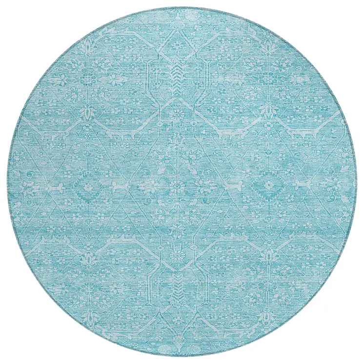 8' Sky Blue Round Floral Washable Indoor Outdoor Area Rug