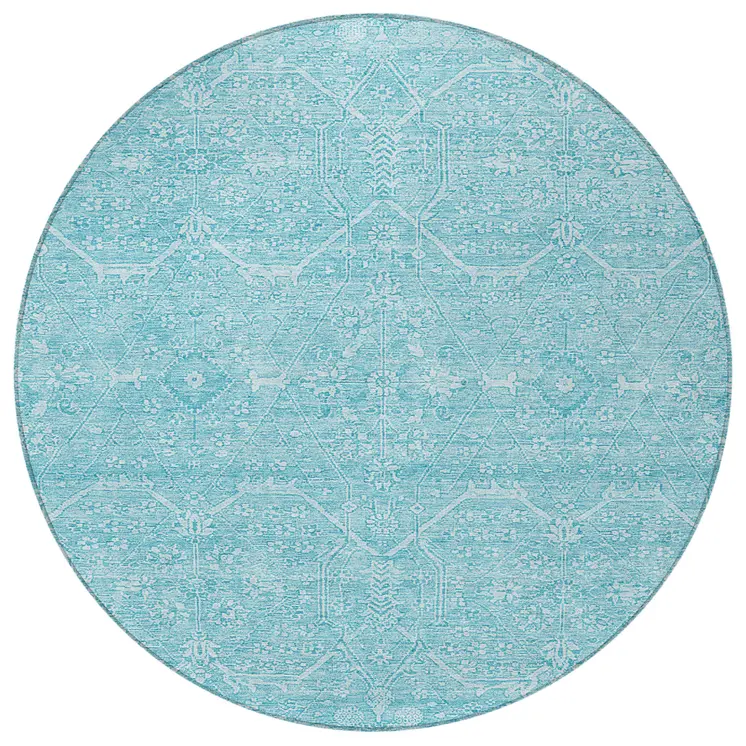 8' Sky Blue Round Floral Washable Indoor Outdoor Area Rug
