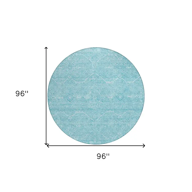 8' Sky Blue Round Floral Washable Indoor Outdoor Area Rug