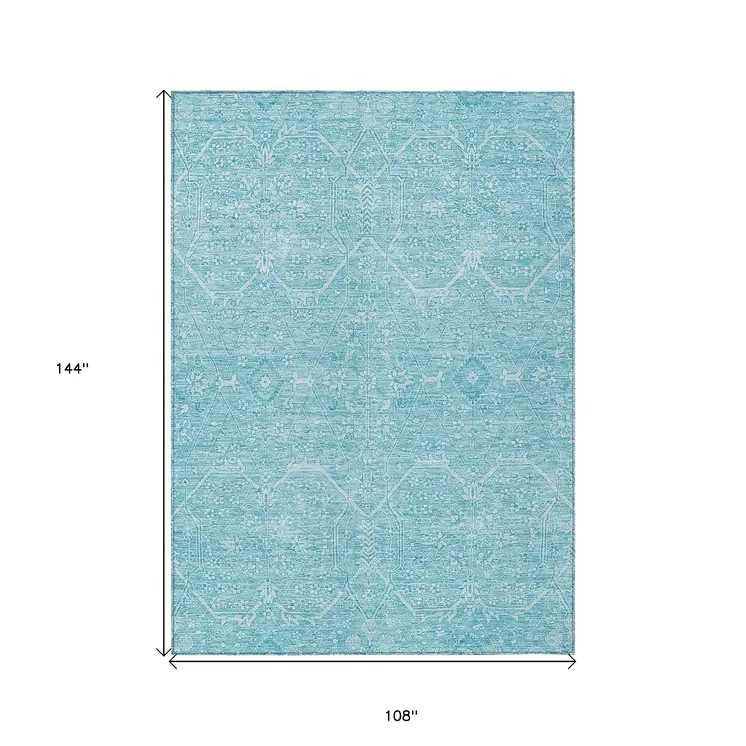 9' X 12' Sky Blue Floral Washable Indoor Outdoor Area Rug