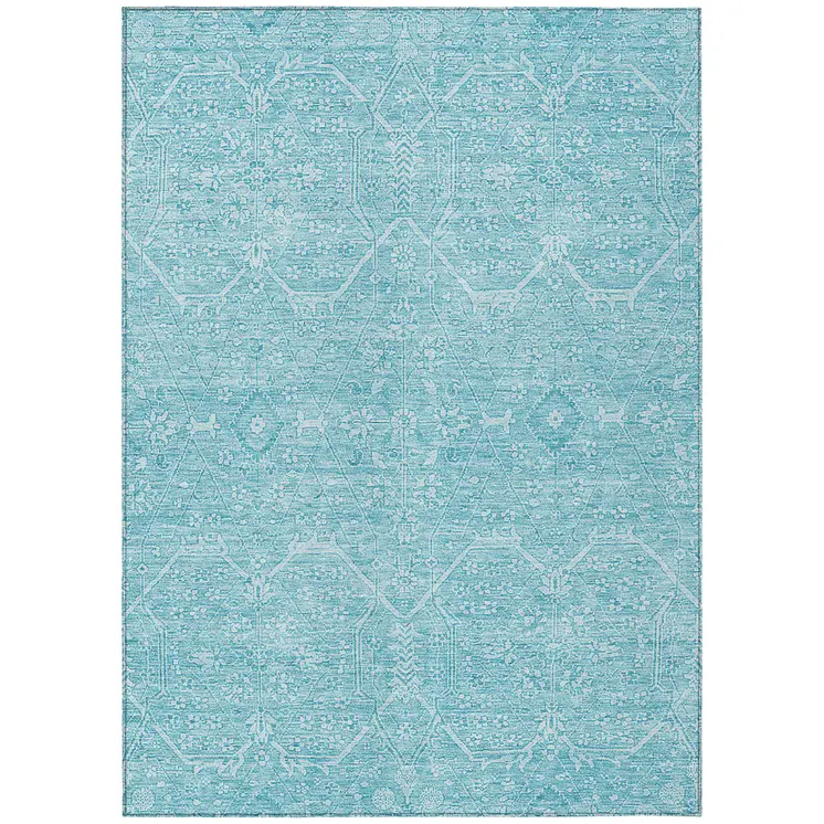 9' X 12' Sky Blue Floral Washable Indoor Outdoor Area Rug