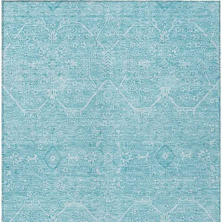 9' X 12' Sky Blue Floral Washable Indoor Outdoor Area Rug