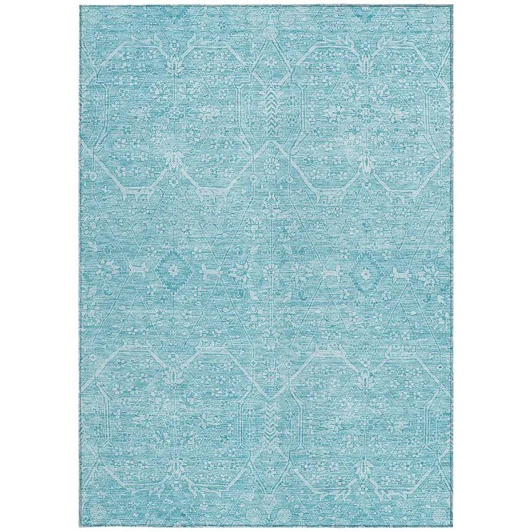 9' X 12' Sky Blue Floral Washable Indoor Outdoor Area Rug