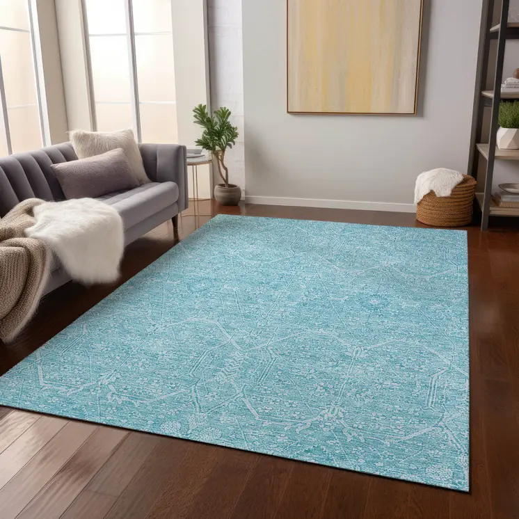 9' X 12' Sky Blue Floral Washable Indoor Outdoor Area Rug
