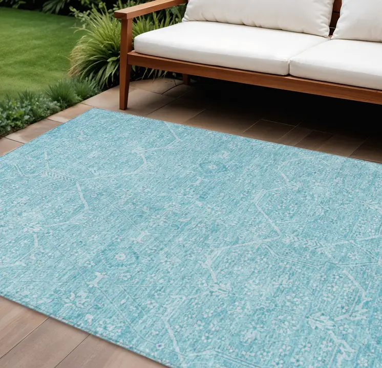 10' X 14' Sky Blue Floral Washable Indoor Outdoor Area Rug