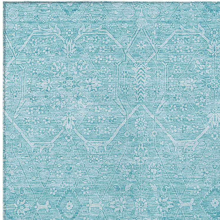 10' X 14' Sky Blue Floral Washable Indoor Outdoor Area Rug