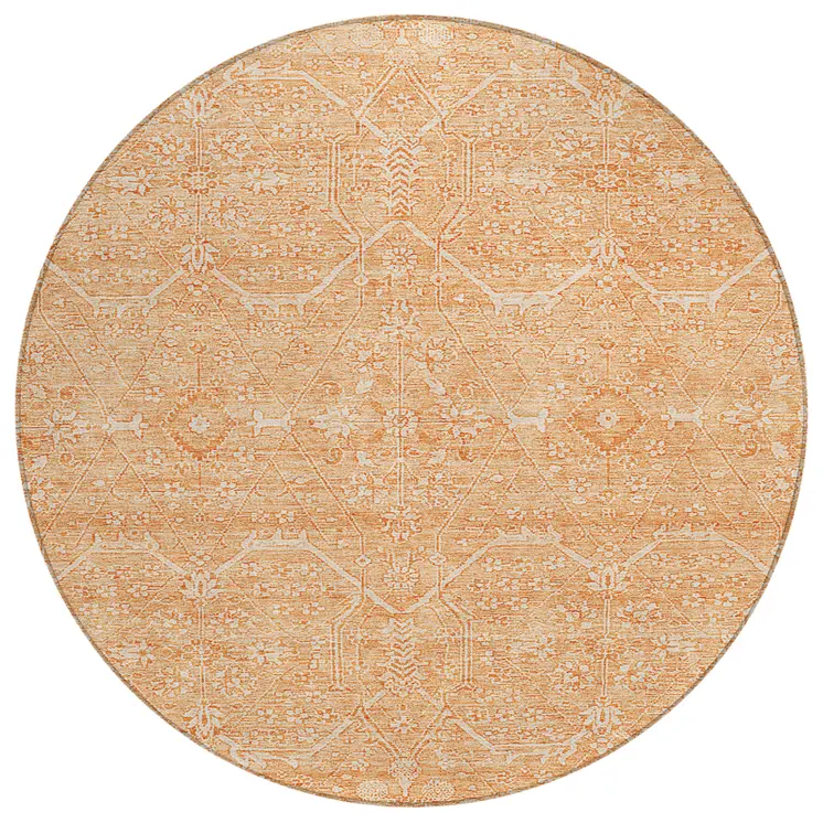 8' Salmon Round Floral Washable Indoor Outdoor Area Rug