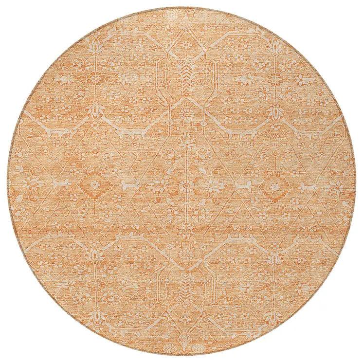 8' Salmon Round Floral Washable Indoor Outdoor Area Rug