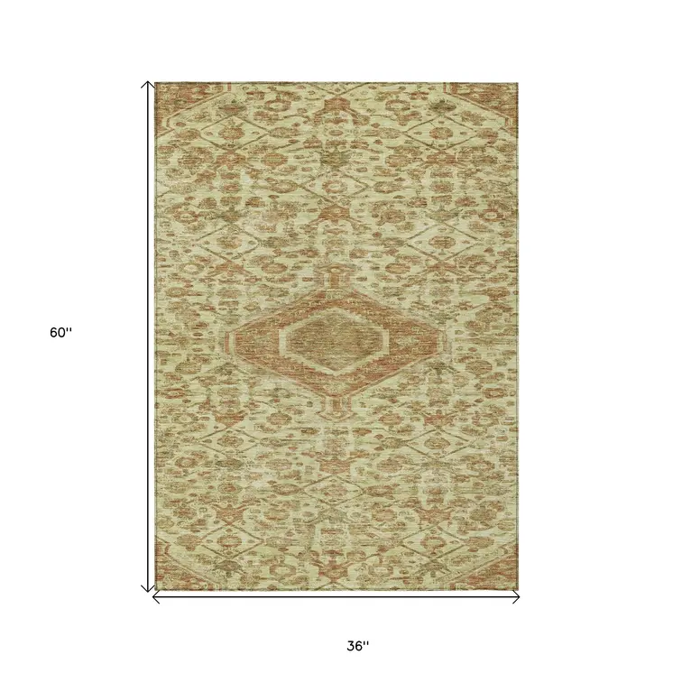 3' X 5' Beige Medallion Washable Indoor Outdoor Area Rug