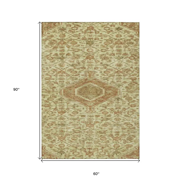 5' X 8' Beige Medallion Washable Indoor Outdoor Area Rug