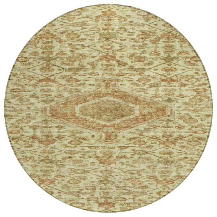 8' Beige Round Medallion Washable Indoor Outdoor Area Rug
