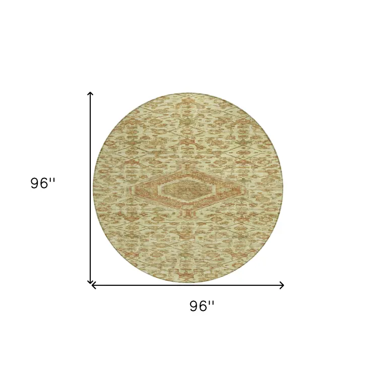 8' Beige Round Medallion Washable Indoor Outdoor Area Rug