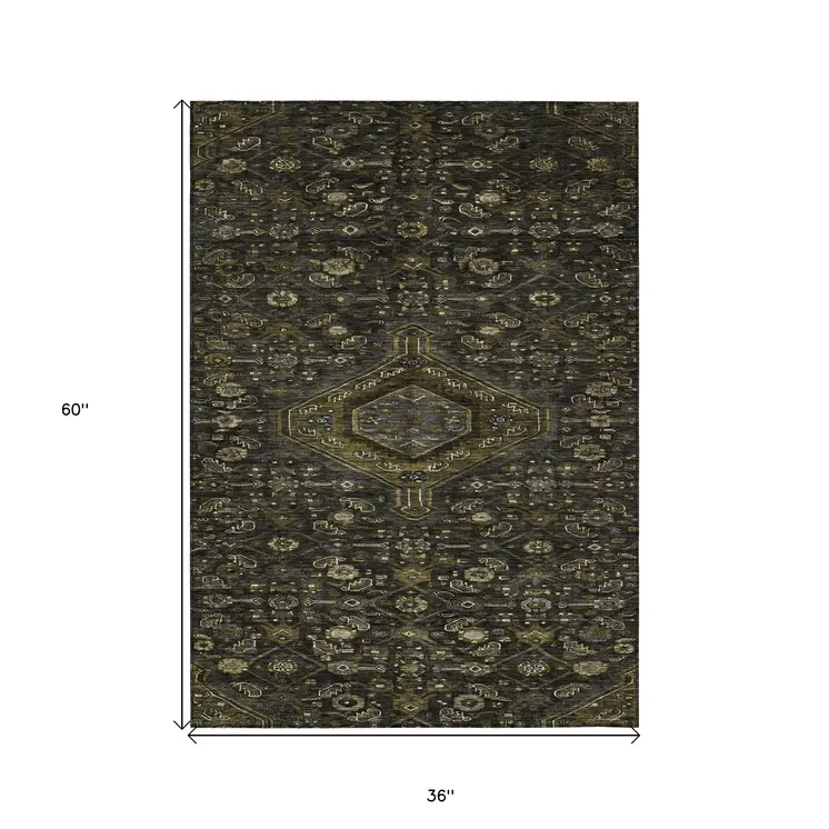 3' X 5' Charcoal Medallion Washable Indoor Outdoor Area Rug