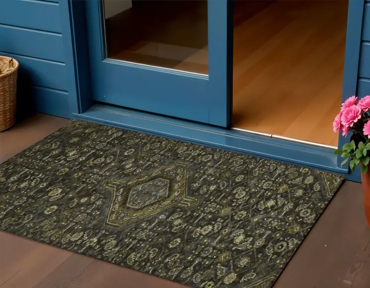3' X 5' Charcoal Medallion Washable Indoor Outdoor Area Rug
