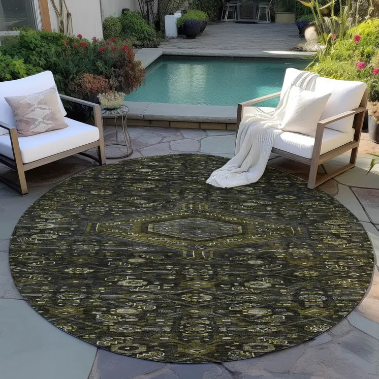 8' Charcoal Round Medallion Washable Indoor Outdoor Area Rug