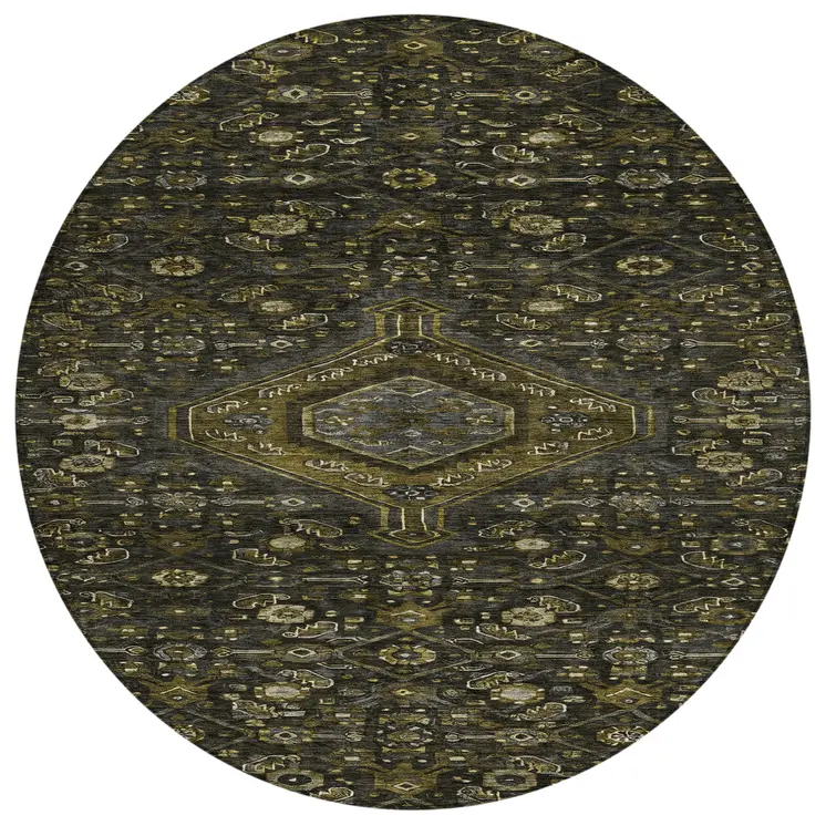 8' Charcoal Round Medallion Washable Indoor Outdoor Area Rug