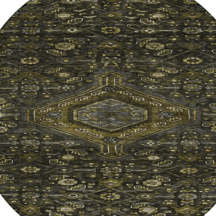 8' Charcoal Round Medallion Washable Indoor Outdoor Area Rug