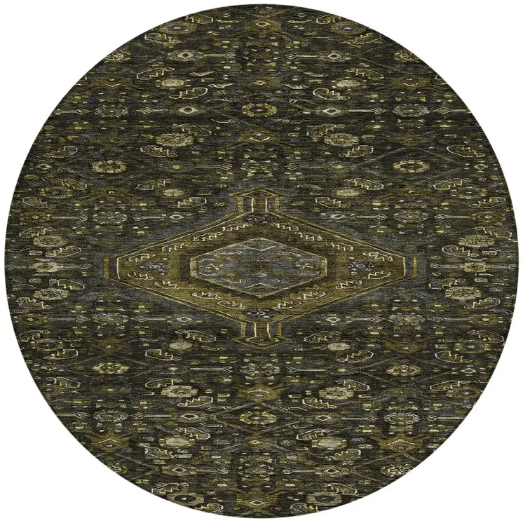 8' Charcoal Round Medallion Washable Indoor Outdoor Area Rug