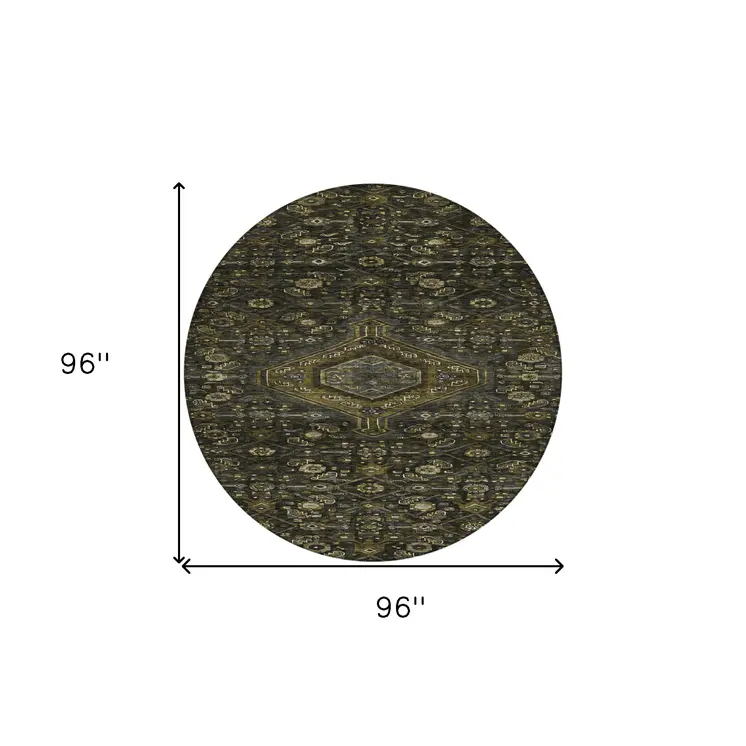 8' Charcoal Round Medallion Washable Indoor Outdoor Area Rug