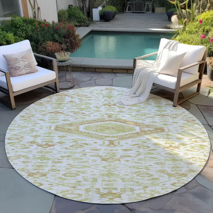 8' Ivory Round Medallion Washable Indoor Outdoor Area Rug