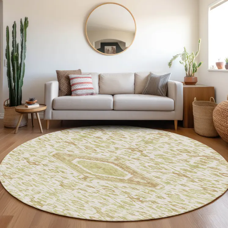 8' Ivory Round Medallion Washable Indoor Outdoor Area Rug