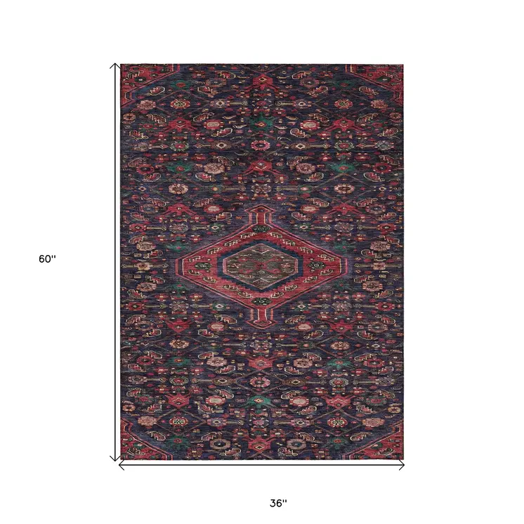 3' X 5' Navy Blue Medallion Washable Indoor Outdoor Area Rug