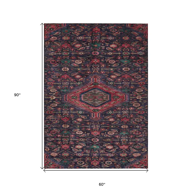 5' X 8' Navy Blue Medallion Washable Indoor Outdoor Area Rug