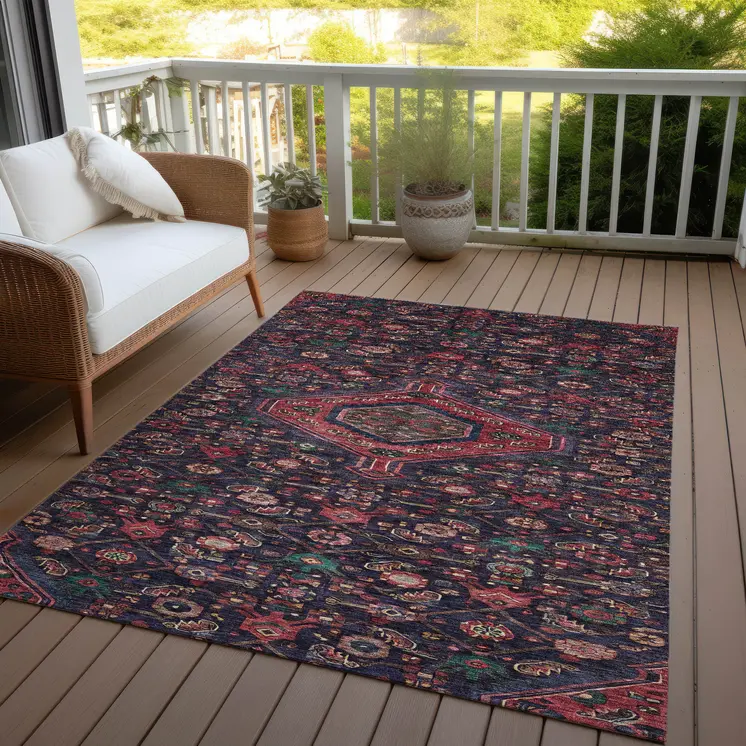 5' X 8' Navy Blue Medallion Washable Indoor Outdoor Area Rug