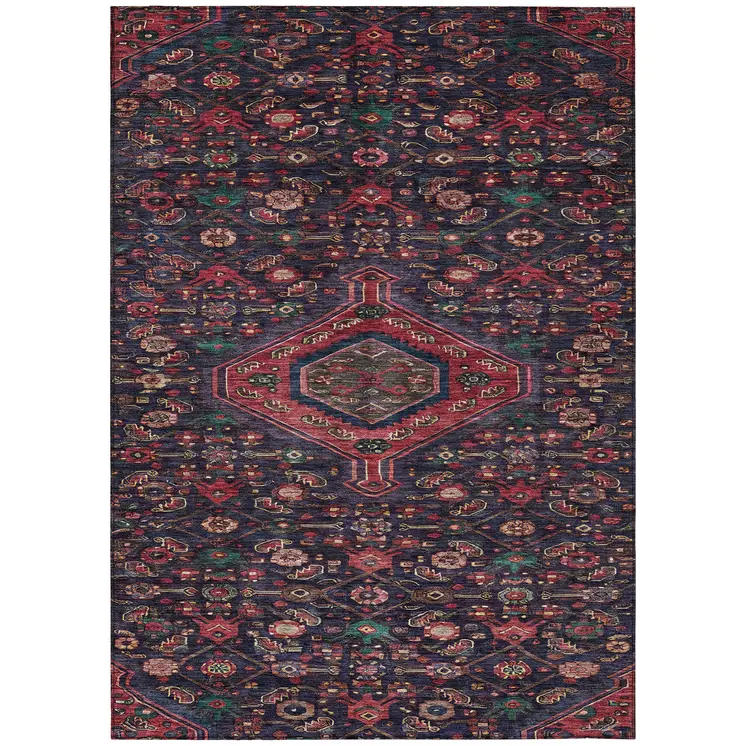 5' X 8' Navy Blue Medallion Washable Indoor Outdoor Area Rug