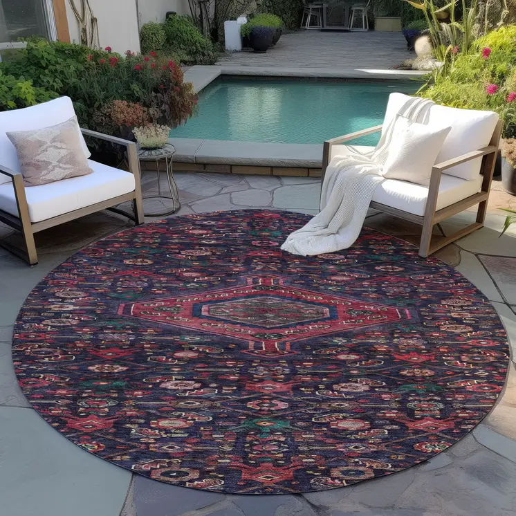 8' Navy Blue Round Medallion Washable Indoor Outdoor Area Rug