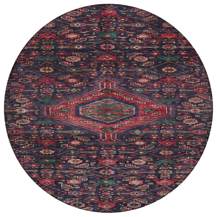 8' Navy Blue Round Medallion Washable Indoor Outdoor Area Rug