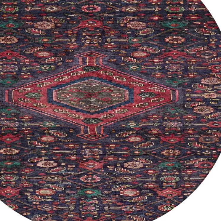 8' Navy Blue Round Medallion Washable Indoor Outdoor Area Rug