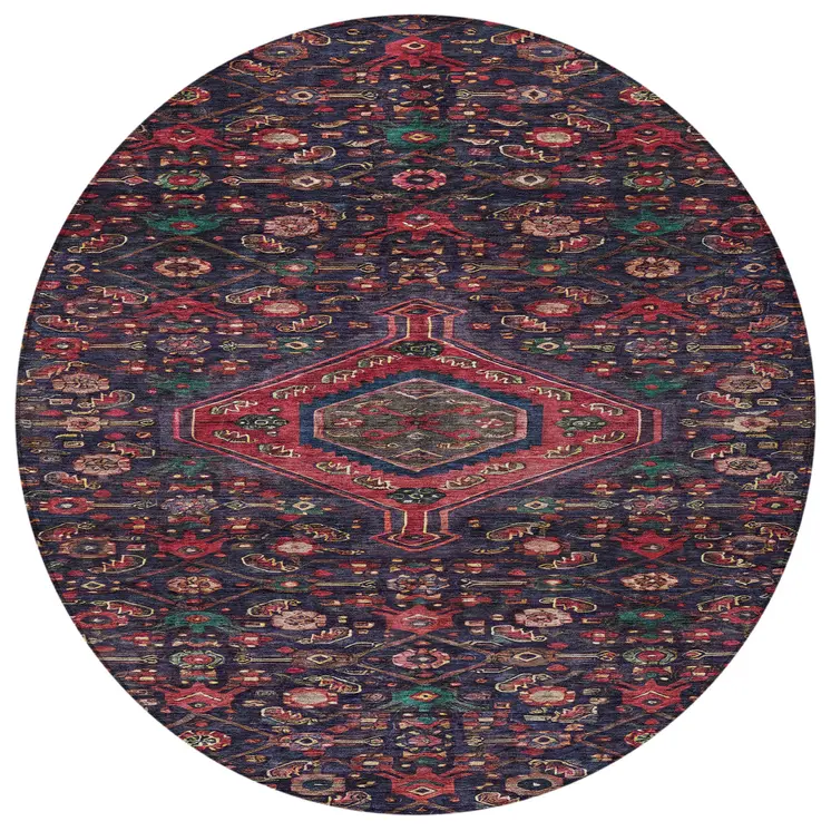 8' Navy Blue Round Medallion Washable Indoor Outdoor Area Rug