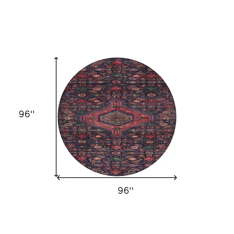 8' Navy Blue Round Medallion Washable Indoor Outdoor Area Rug