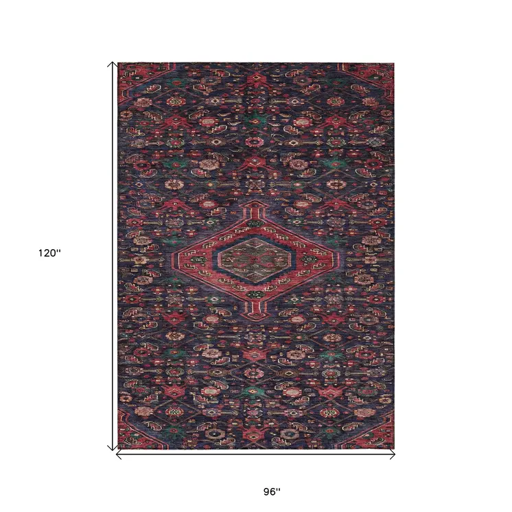 8' X 10' Navy Blue Medallion Washable Indoor Outdoor Area Rug