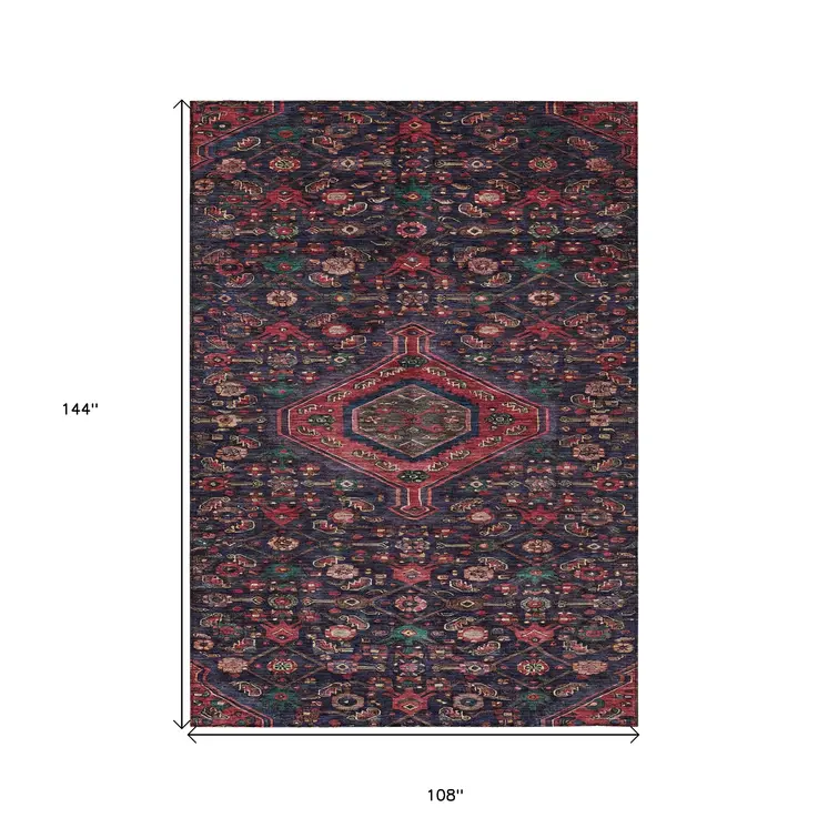 9' X 12' Navy Blue Medallion Washable Indoor Outdoor Area Rug