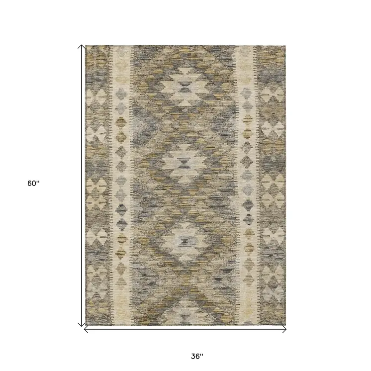 3' X 5' Beige Geometric Washable Indoor Outdoor Area Rug